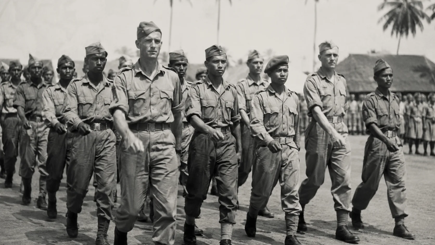 Foto hitam-putih barisan serdadu tentara kolonial Hindia Belanda campuran Eropa dan pribumi berbaris di lapangan dengan pohon kelapa dan bangunan beratap rumbia di latar belakang.