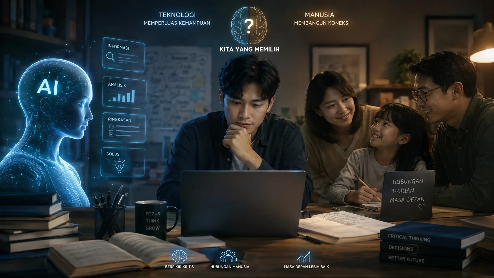 Ilustrasi seorang pria berpikir di depan laptop dengan hologram AI di satu sisi bertuliskan 'Teknologi Memperluas Kemampuan' dan keluarganya di sisi lain bertuliskan 'Manusia Membangun Koneksi', dengan teks 'Kita yang Memilih' di tengah.