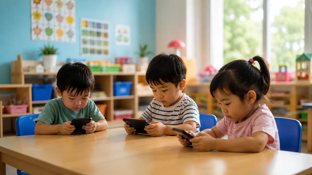 Tiga anak usia dini duduk berjajar di meja ruang kelas PAUD, masing-masing memegang dan menatap layar ponsel pintar.