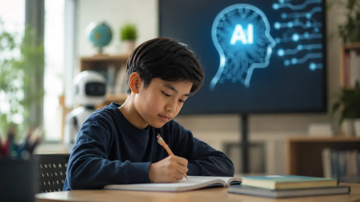 Anak laki-laki menulis di buku catatan dengan pensil di meja belajar, dengan layar bergambar ikon kepala bertuliskan AI dan robot mainan di latar belakang.