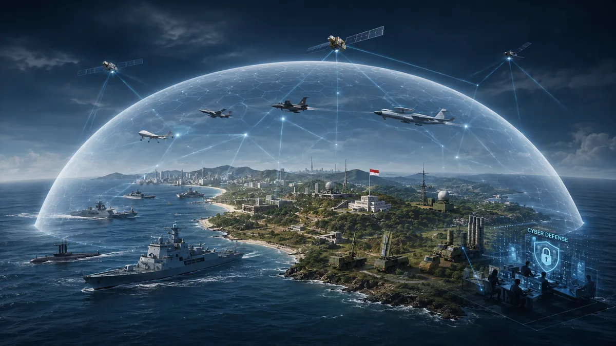 Ilustrasi kubah pertahanan digital transparan menaungi instalasi militer di pesisir pulau, dengan kapal perang, jet tempur, radar, baterai rudal, dan pusat pertahanan siber yang saling terhubung.