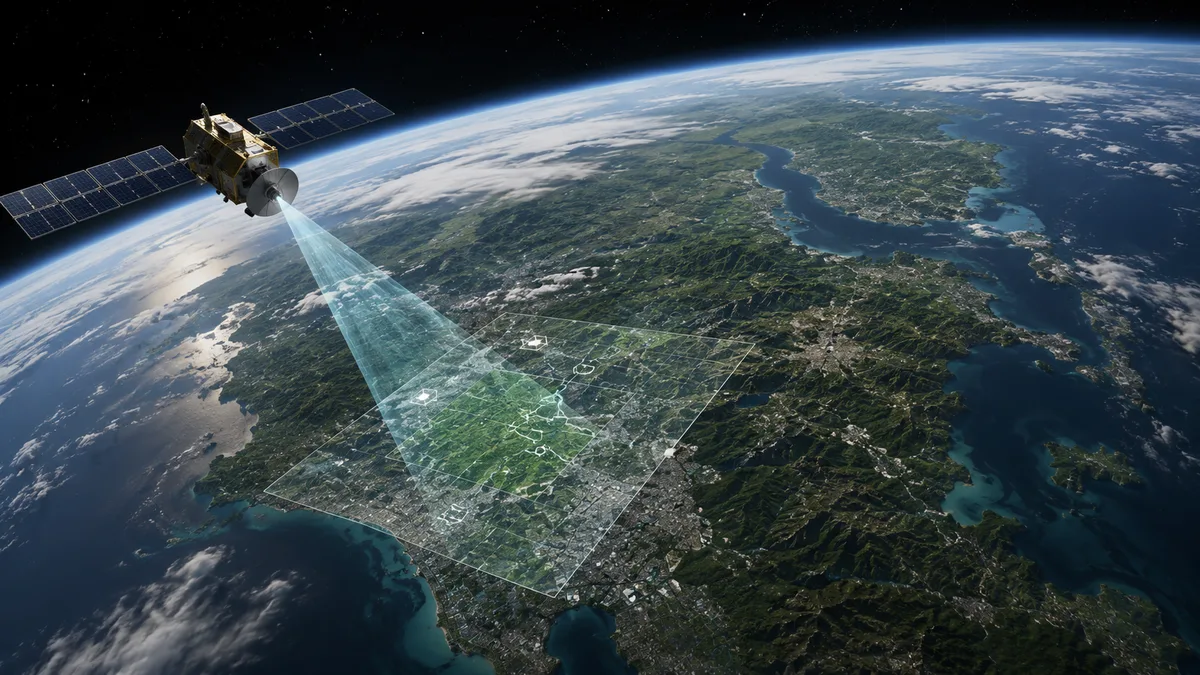 Ilustrasi satelit di orbit memancarkan sinar pemindai data ke wilayah daratan dan pesisir di bawahnya, merepresentasikan pengumpulan dan analisis data dari ruang angkasa.