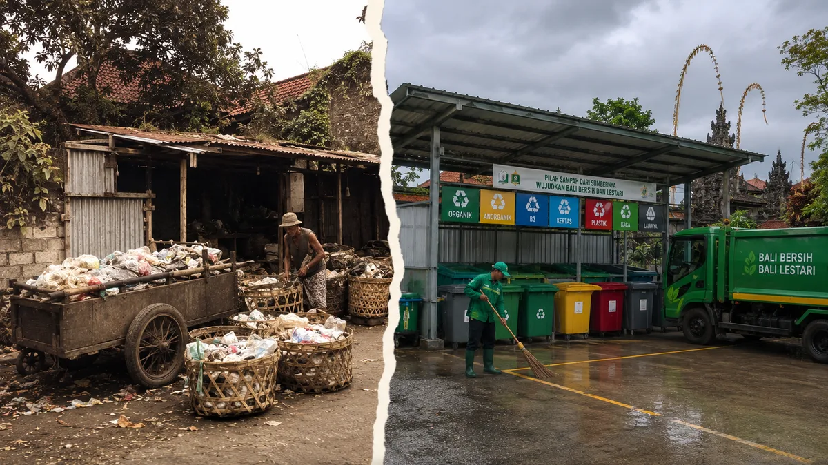 Foto belah dua: sisi kiri pemulung tradisional memilah sampah di gudang informal dengan keranjang bambu, sisi kanan fasilitas pemilahan sampah modern 'Bali Bersih Bali Lestari' dengan tempat sampah berwarna sesuai kategori dan truk pengangkut.