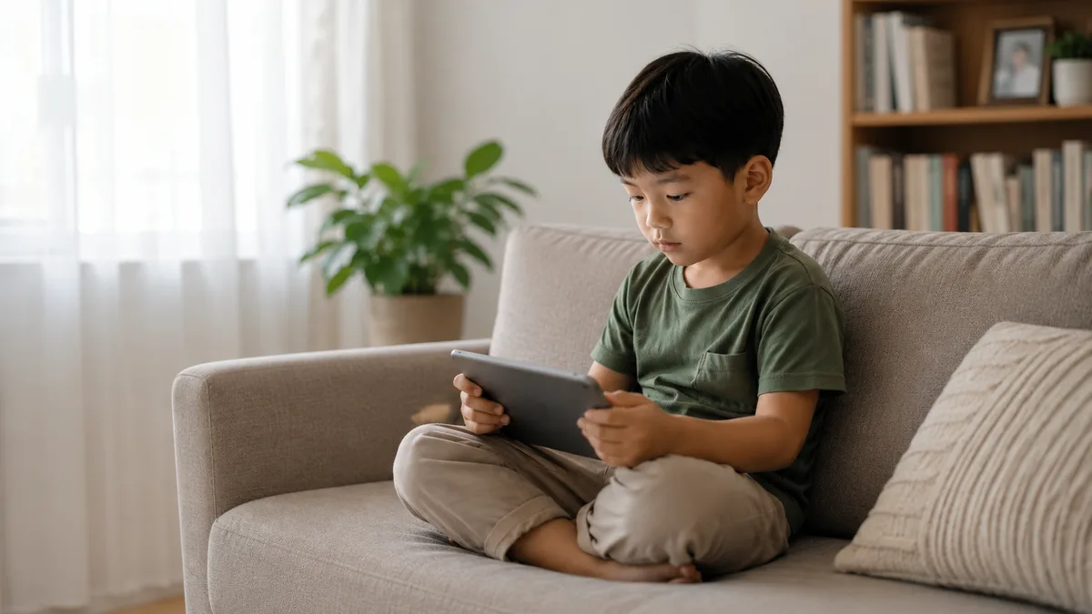 Anak laki-laki duduk bersila di sofa ruang keluarga sambil menatap serius layar tablet yang dipegangnya, dengan rak buku, tanaman, dan tirai di latar belakang.