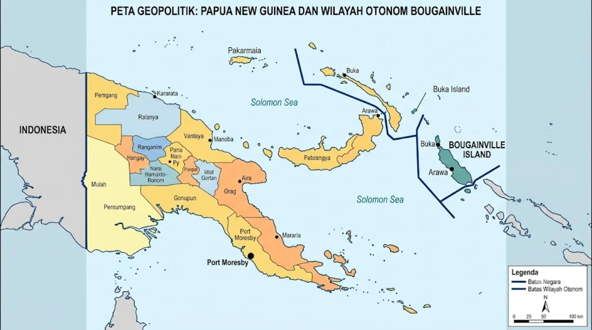 Peta ilustrasi geopolitik Papua New Guinea dan Wilayah Otonom Bougainville, menunjukkan lokasi Pulau Bougainville di sebelah timur Papua Nugini yang berbatasan dengan Kepulauan Solomon, dengan Indonesia di sebelah barat Papua Nugini.