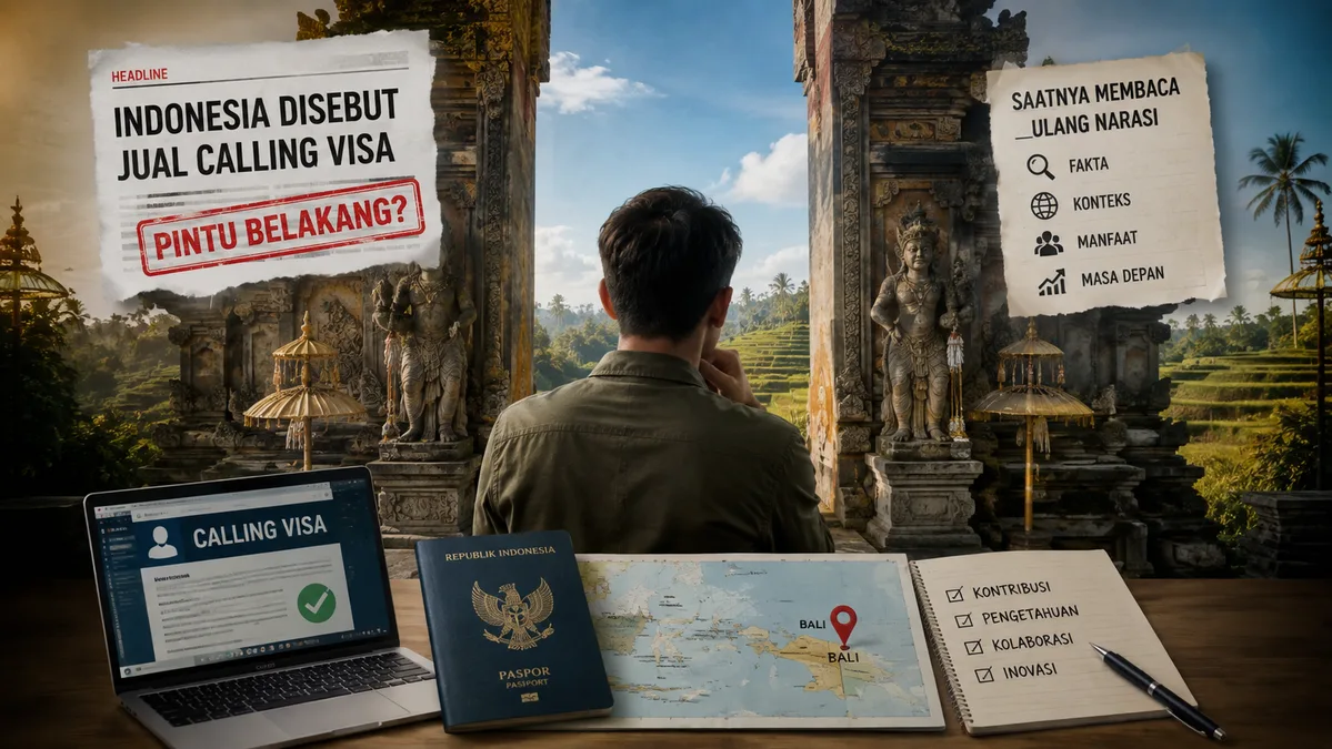 Kolase editorial: seorang pria membelakangi kamera duduk di gapura pura Bali menghadap sawah terasering, dikelilingi kliping berjudul 'Indonesia Disebut Jual Calling Visa: Pintu Belakang?', laptop menampilkan halaman status 'Calling Visa', paspor Republik Indonesia, dan peta yang menandai lokasi Bali.