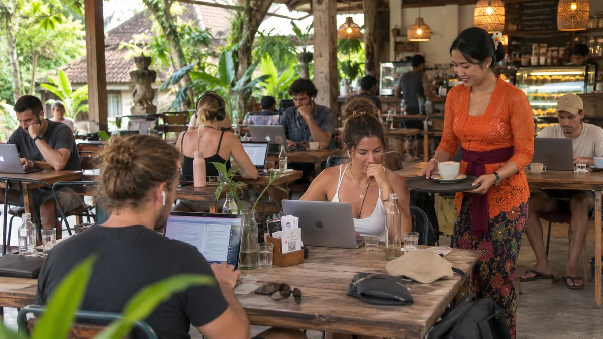 Sejumlah digital nomad bekerja dengan laptop di sebuah kafe terbuka bernuansa tropis di Bali, sementara seorang pelayan berkebaya oranye membawakan secangkir kopi ke salah satu meja.