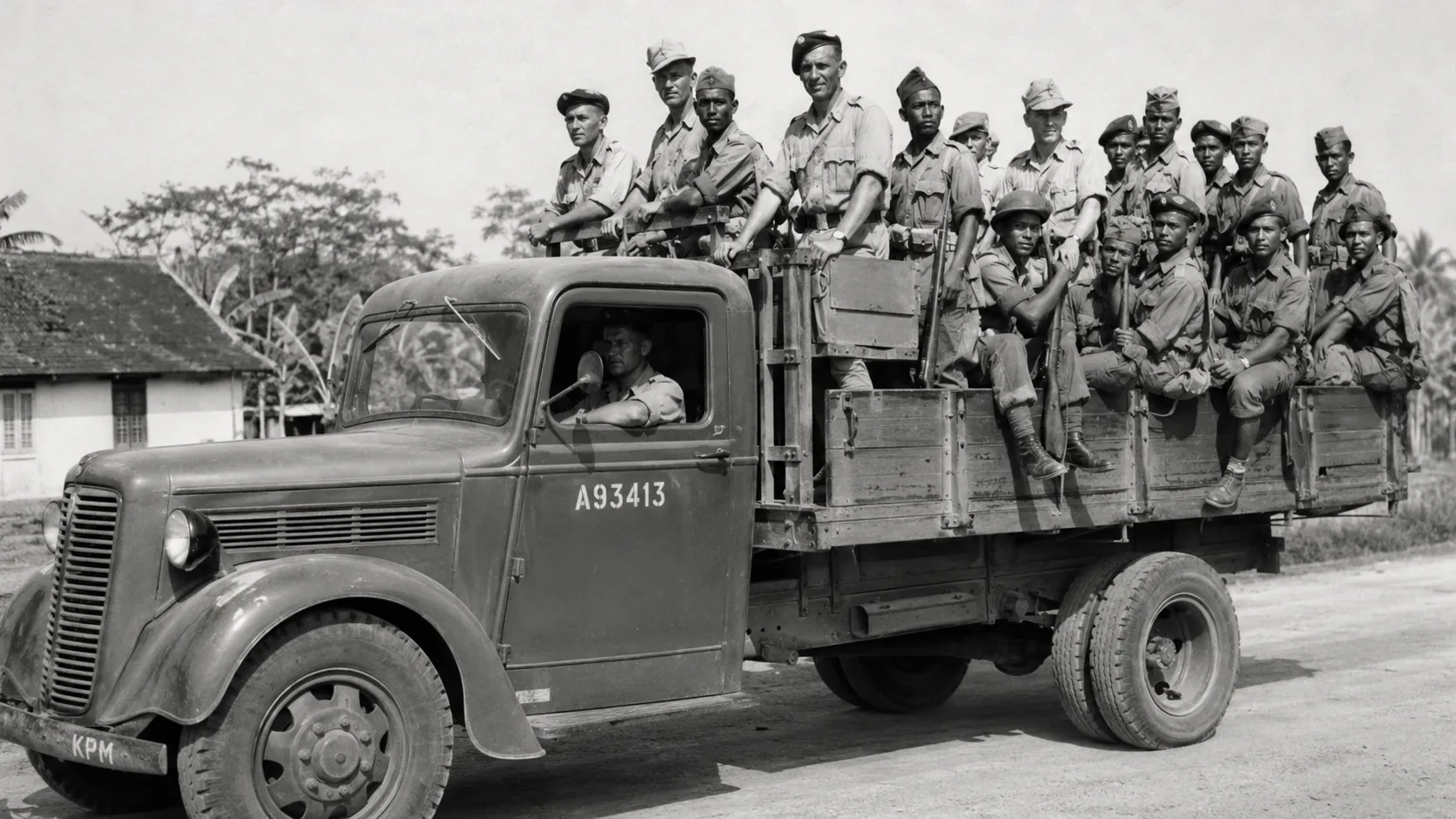 Foto hitam-putih serdadu tentara kolonial Hindia Belanda campuran Eropa dan pribumi berdiri berjajar di atas bak truk militer tua.