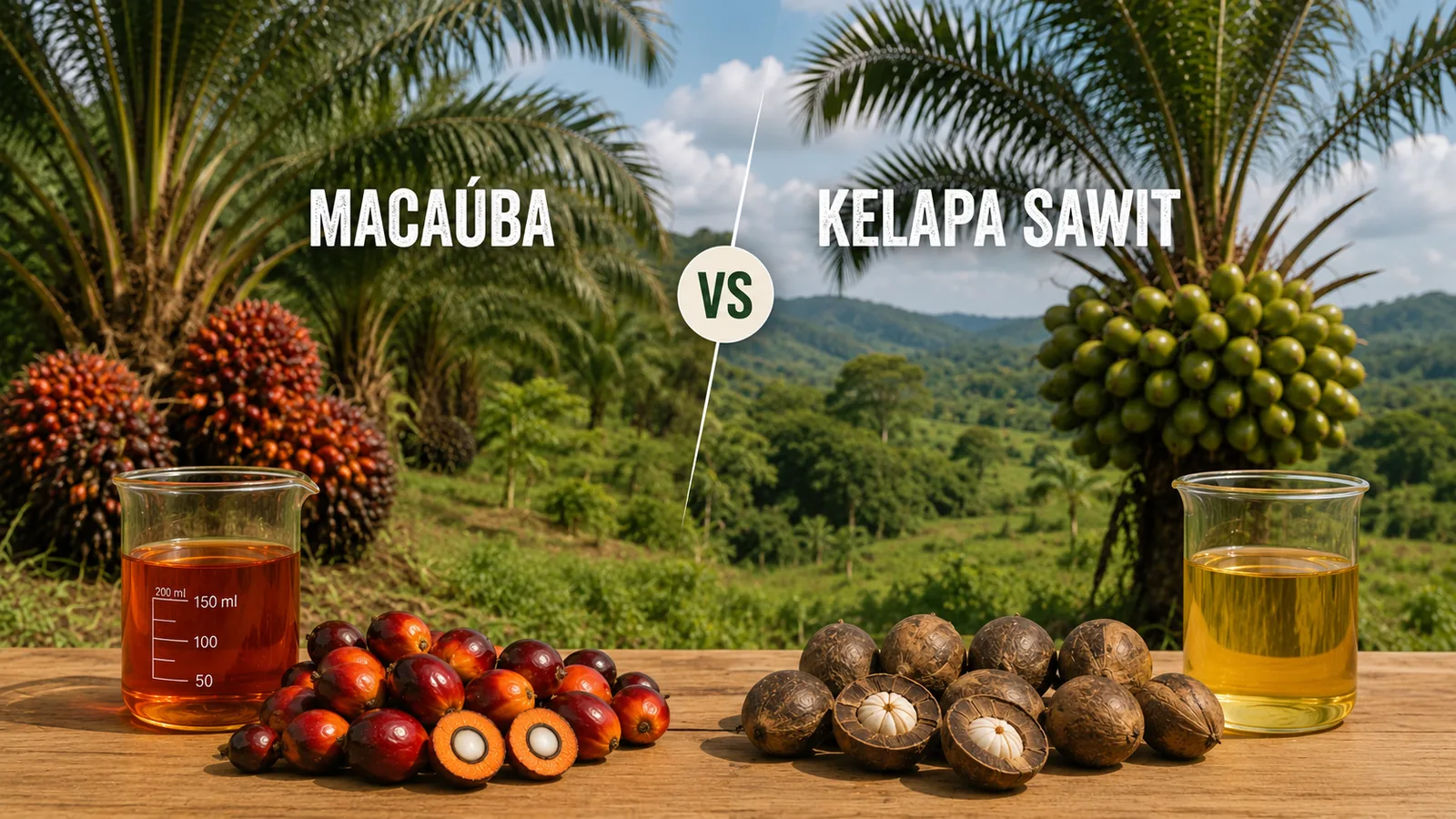 Ilustrasi perbandingan macaúba dan kelapa sawit: buah macaúba merah dan minyaknya berwarna oranye kemerahan di sisi kiri, buah kelapa sawit dan minyaknya berwarna kuning keemasan di sisi kanan, dengan latar belakang perkebunan palem.