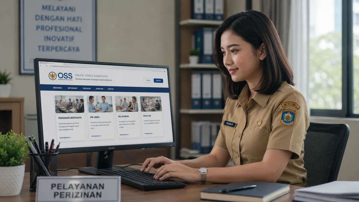 Seorang pegawai negeri sipil berseragam khaki bekerja di depan komputer yang menampilkan portal Online Single Submission (OSS) di ruang kantor pemerintah.