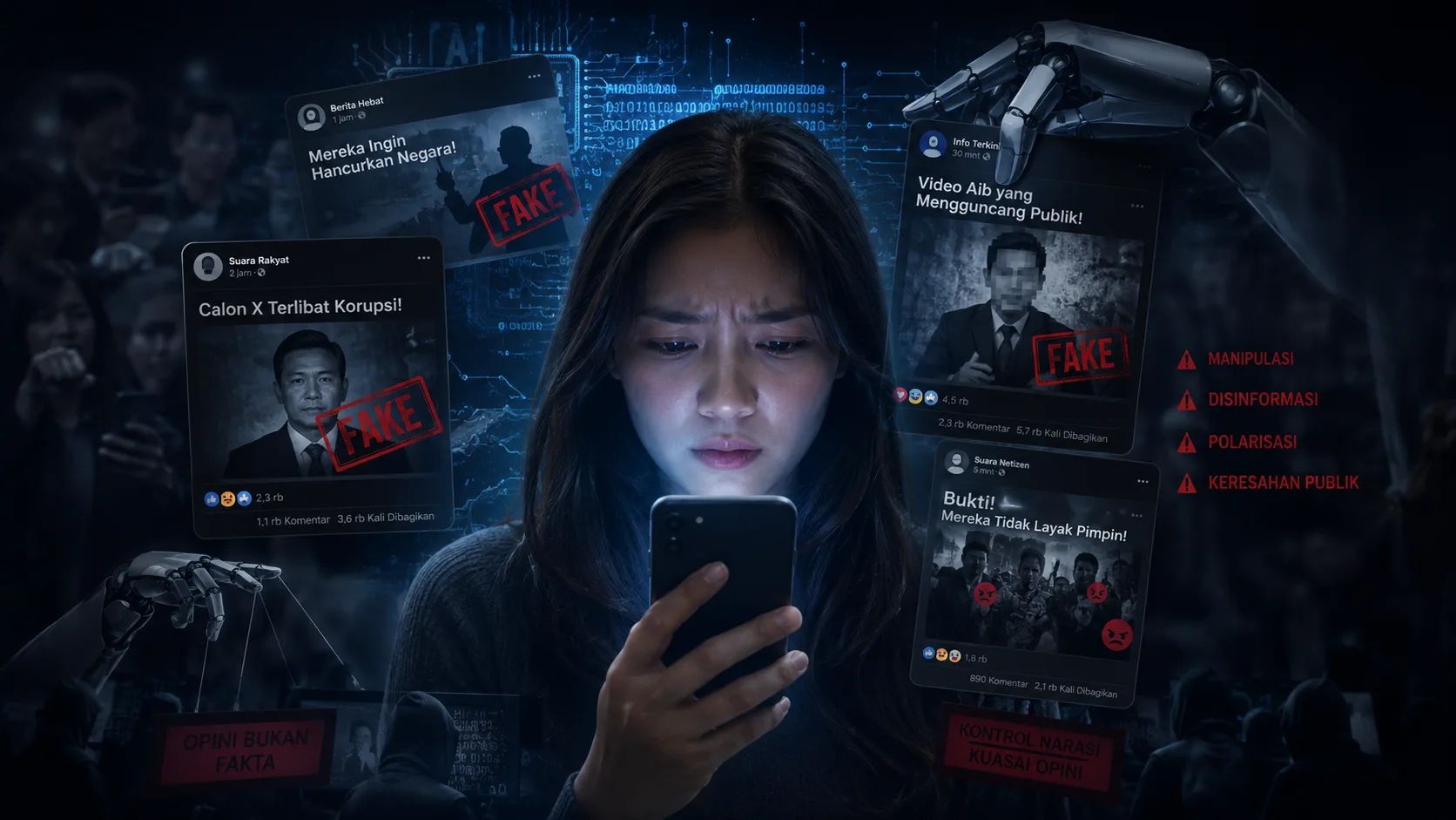 Ilustrasi seorang perempuan menatap ponsel dengan cemas, dikelilingi unggahan media sosial berlabel FAKE dan tangan robotik yang menggerakkan tali boneka, melambangkan manipulasi dan disinformasi digital.
