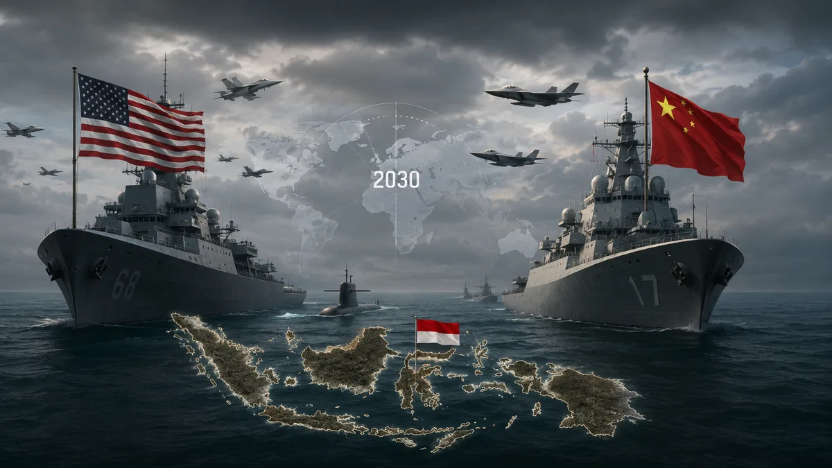 Ilustrasi kapal perang Amerika Serikat dan Tiongkok saling berhadapan di lautan dengan jet tempur dan kapal selam di sekitarnya, mengapit peta kepulauan Indonesia berbendera merah-putih di tengah, dengan label '2030' pada peta dunia di latar belakang.