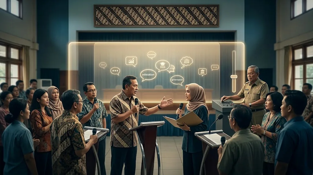 Ilustrasi jendela geser dengan spektrum opsi kebijakan di baliknya, melambangkan konsep Overton window.