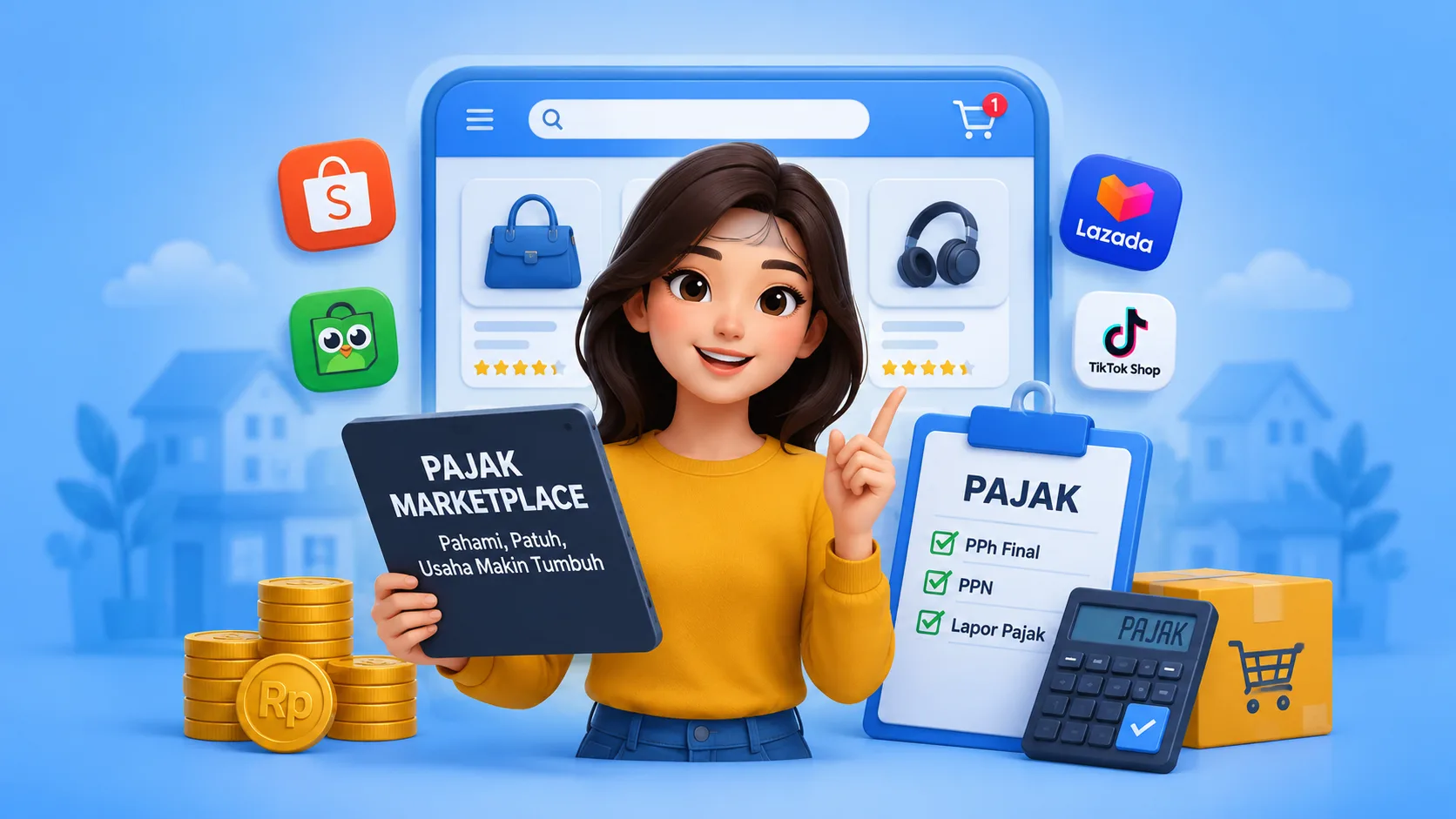 Ilustrasi karakter memegang papan bertuliskan 'Pajak Marketplace, Pahami Patuh Usaha Makin Tumbuh', dikelilingi ikon aplikasi e-commerce, tumpukan koin, kalkulator, dan daftar kewajiban PPh Final, PPN, dan Lapor Pajak.