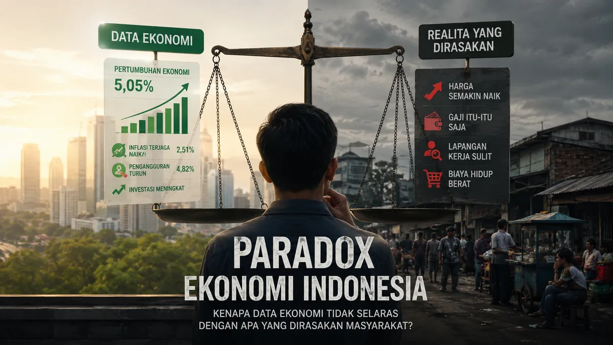 Ilustrasi seorang pria melihat neraca timbangan raksasa yang membelah pemandangan kota: sisi kiri menampilkan papan 'Data Ekonomi' dengan grafik pertumbuhan hijau menghadap gedung pencakar langit cerah, sisi kanan menampilkan papan 'Realita yang Dirasakan' dengan daftar keluhan menghadap permukiman padat yang muram.