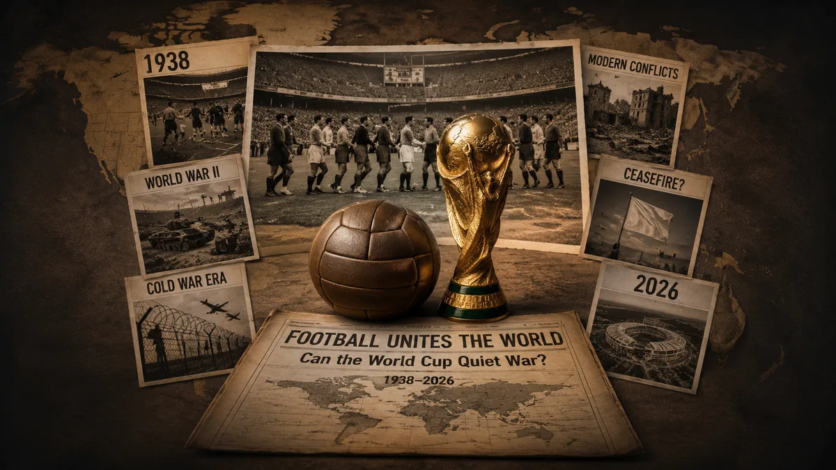 Kolase tema Piala Dunia: trofi emas dan bola kulit klasik di tengah, dikelilingi foto-foto bersejarah berlabel 1938, Perang Dunia II, Era Perang Dingin, Konflik Modern, Gencatan Senjata, dan 2026, dengan koran berjudul 'Football Unites the World'.