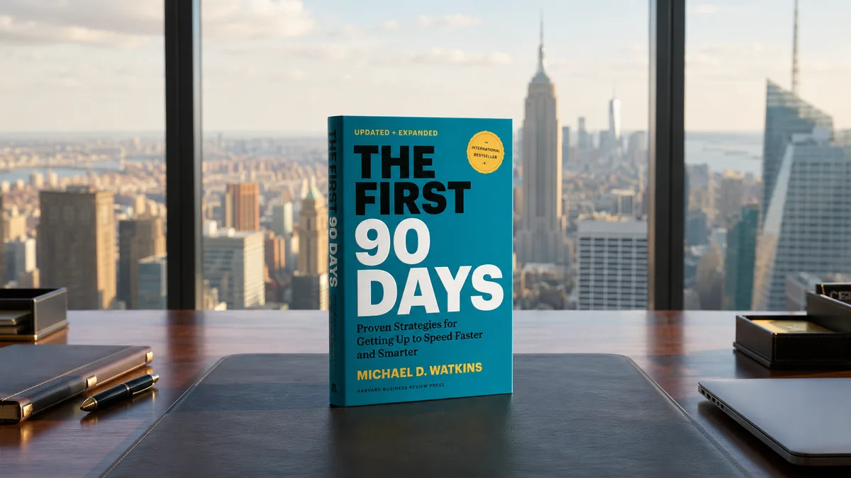 Buku The First 90 Days karya Michael D. Watkins berdiri tegak di atas meja kerja kayu, dengan pemandangan gedung-gedung pencakar langit kota New York termasuk Empire State Building melalui jendela kaca di latar belakang.