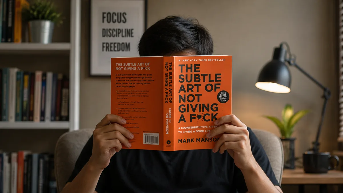 Seorang pria duduk di kursi baca sambil memegang buku The Subtle Art of Not Giving a F*ck bersampul oranye tepat di depan wajahnya, dikelilingi rak buku dan lampu meja menyala.