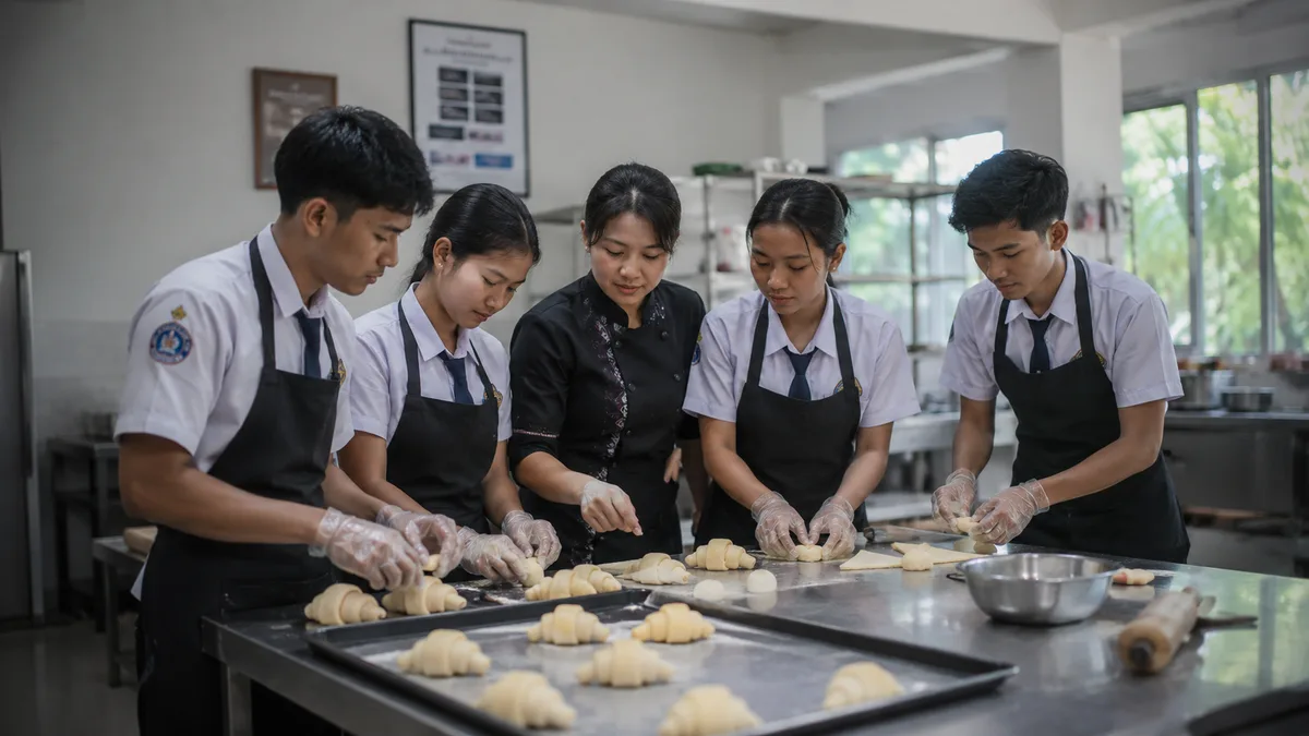 Lima siswa SMK jurusan tata boga berseragam putih dan celemek hitam sedang berlatih membuat croissant di dapur praktik sekolah, didampingi seorang instruktur berseragam koki hitam.