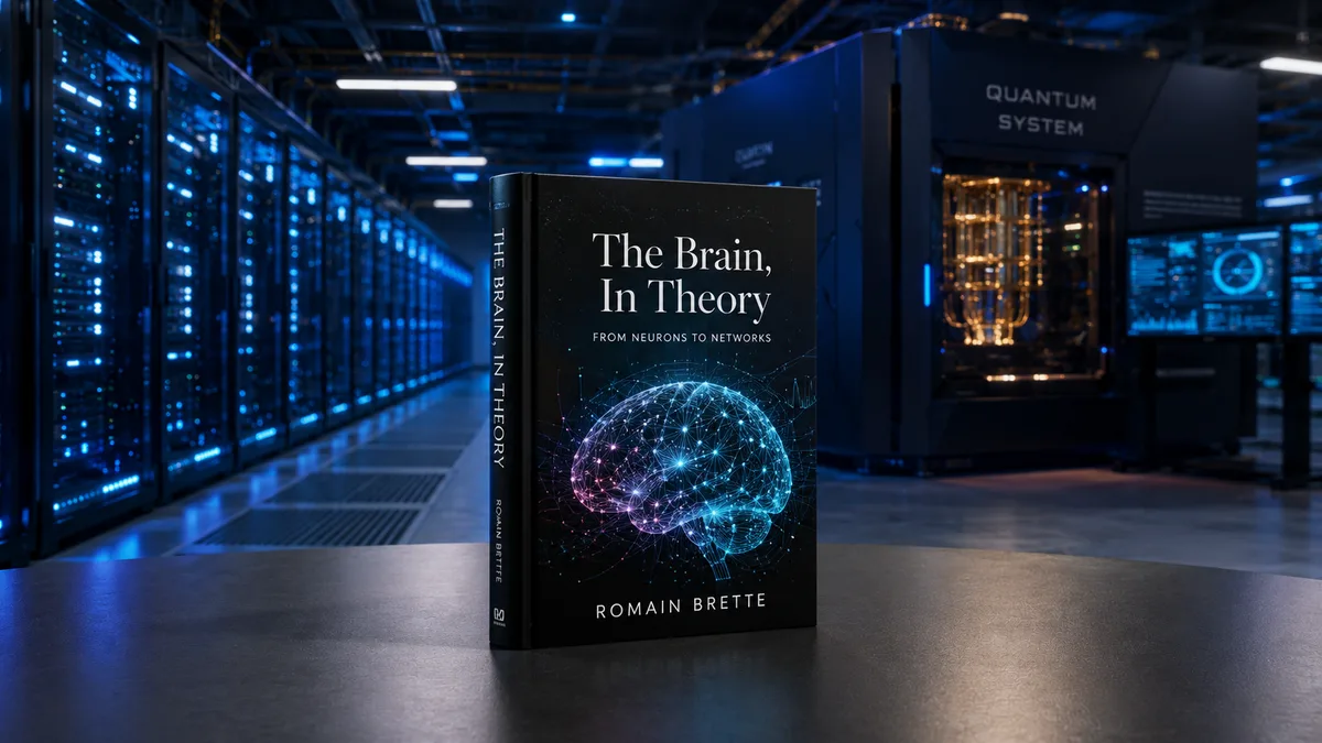 Buku The Brain, In Theory karya Romain Brette dengan sampul hitam bergambar ilustrasi otak jaringan saraf biru-ungu, berdiri di atas meja di dalam ruang server data center dengan lampu biru dan sistem komputer kuantum di latar belakang.